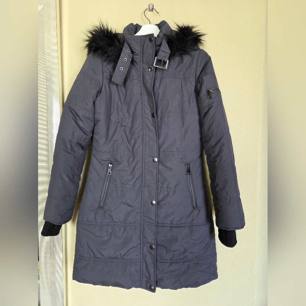 Maralyn & Me Gray Puffer Coat With Black Faux Fur Trim